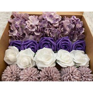 20 Count | Shades Of Purple Hydrangeas & White Roses Wedding Bouquet Centerpiece